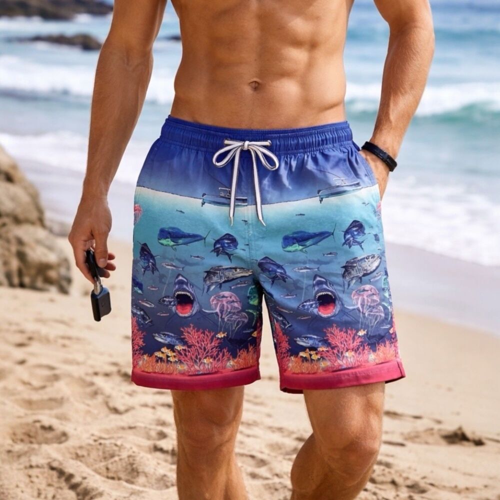 Peter Millar Swim Trunks‎ Mens L Ocean Shark Print Resort Beach Vacation Shorts